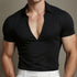 Mens breathable v-neck short-sleeve top in black on a male model showcasing a stylish casual look.