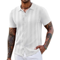 Striped knitted sweater for men in white, featuring short sleeves and button front, suitable for casual wear.