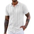Striped knitted sweater for men in white, featuring short sleeves and button front, suitable for casual wear.