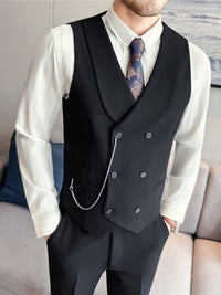 men's double-breasted shawl collar vest in black worn with a dress shirt and tie, suitable for formal occasions.