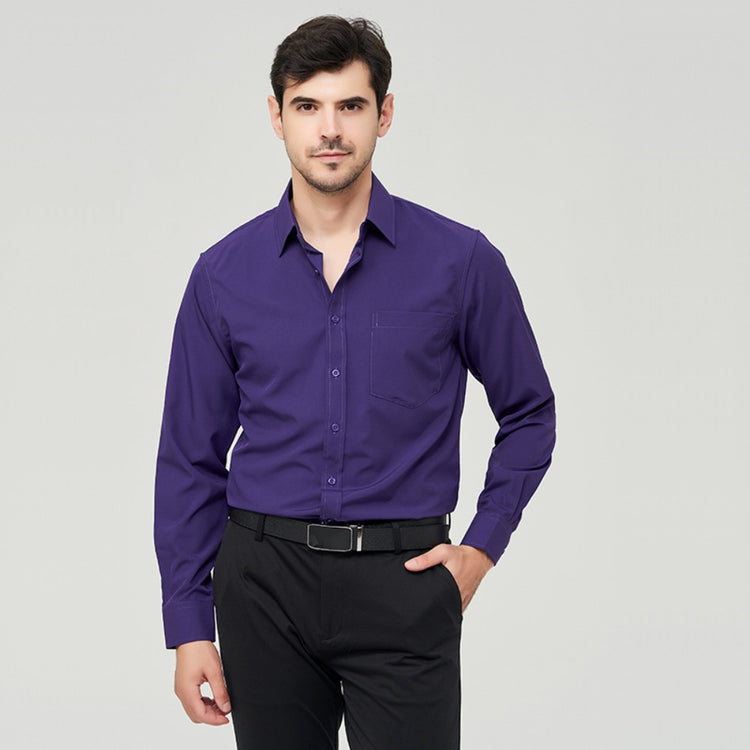 W7 business shirt polyester displayed on a model wearing a purple long-sleeve shirt with black trousers.