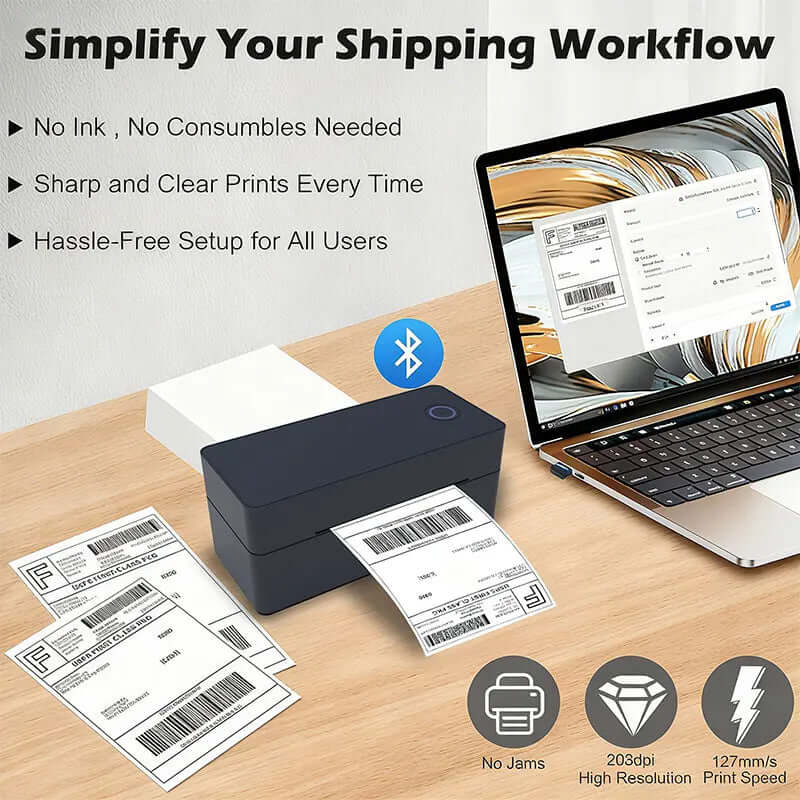 Wireless Bluetooth Thermal Shipping Label Printer 4X6 Support Android Mac Iphone Windows - Shipping Label Printer on a desk with labels.