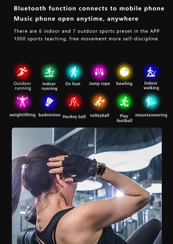 fitness tracker smartwatch for men and women showing Bluetooth functions for various indoor and outdoor sports.