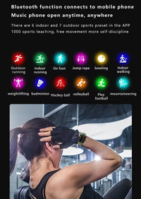 fitness tracker smartwatch for men and women showing Bluetooth functions for various indoor and outdoor sports.