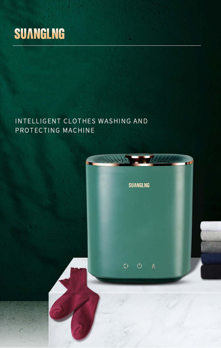 Mini Portable Washing Machine Fully Automatic Dormitory Travel Underwear Washing Machine on display with socks.