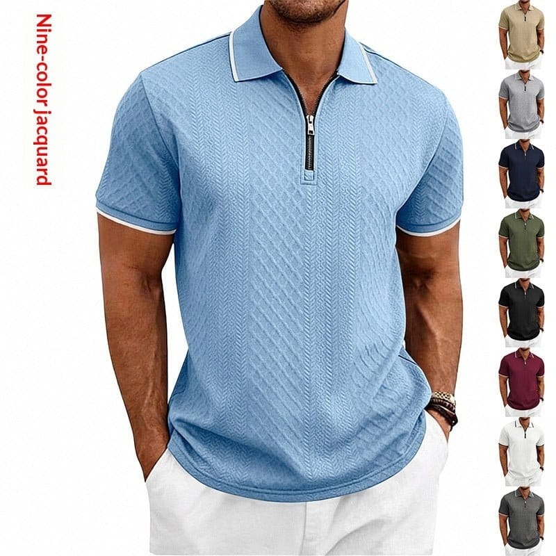 Mens loose-fit short-sleeve polo shirt in light blue with zipper, available in nine colors.