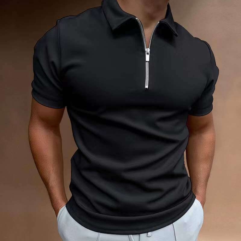 Men's casual polo shirt in black with a zip collar, perfect for stylish leisure wear.
