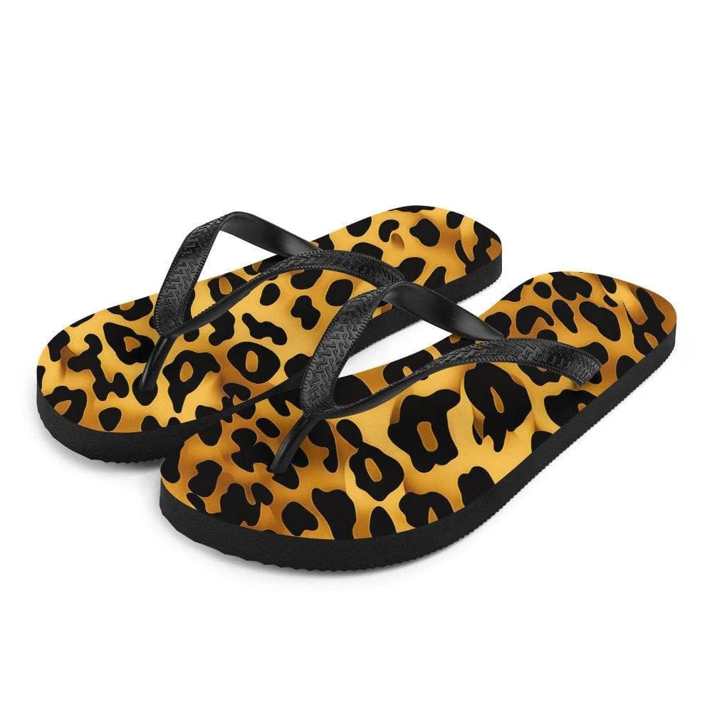 emerald leopard print flip flops with black straps on a colorful leopard pattern sole.