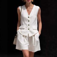 Womens Simple Elegant Cotton-Linen Vest Top And Shorts Two-Piece Set | Silver Fox Sales