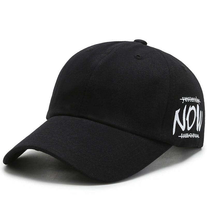 four seasons baseball cap in black, embroidered with 'NOW', perfect for all seasons and sun protection.
