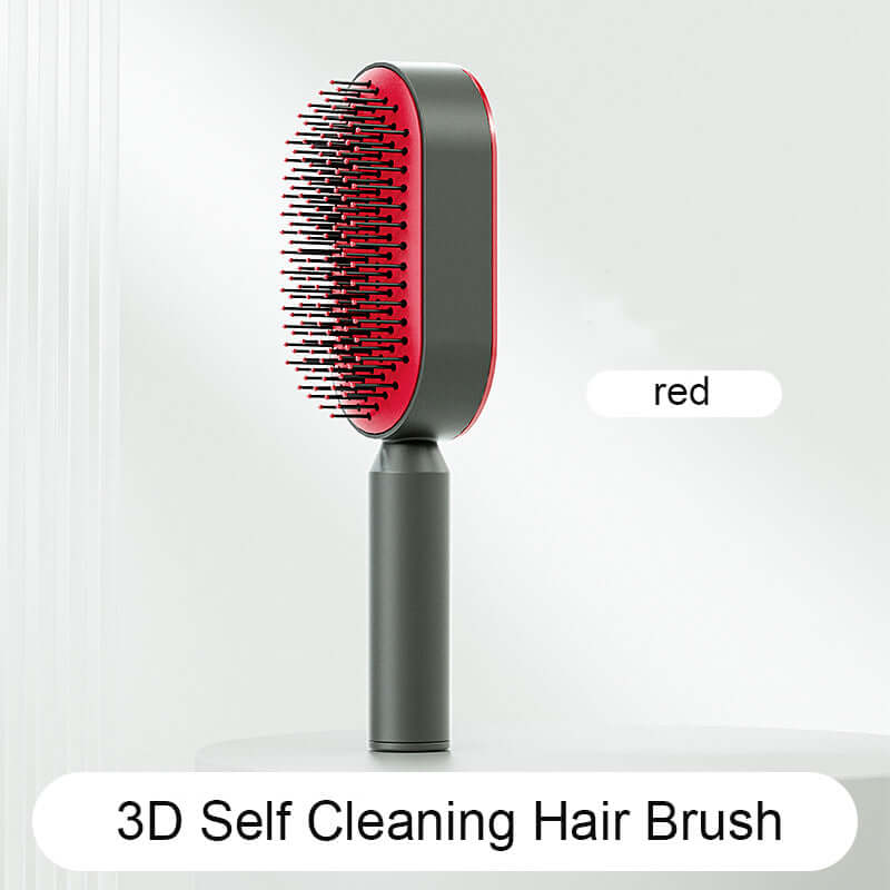 3D Self Cleaning Hair Brush for Women featuring anti-static design and ergonomic handle in red color.