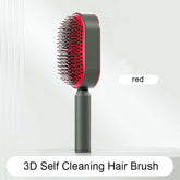 3D Self Cleaning Hair Brush for Women featuring anti-static design and ergonomic handle in red color.