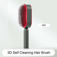3D Self Cleaning Hair Brush for Women featuring anti-static design and ergonomic handle in red color.