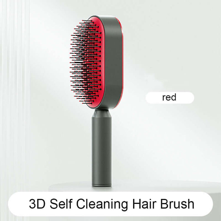 3D Self Cleaning Hair Brush for Women featuring anti-static design and ergonomic handle in red color.