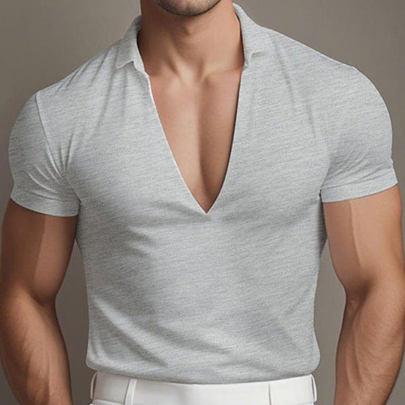 Men's breathable v-neck short sleeve top in gray, showcasing a stylish and comfortable design.