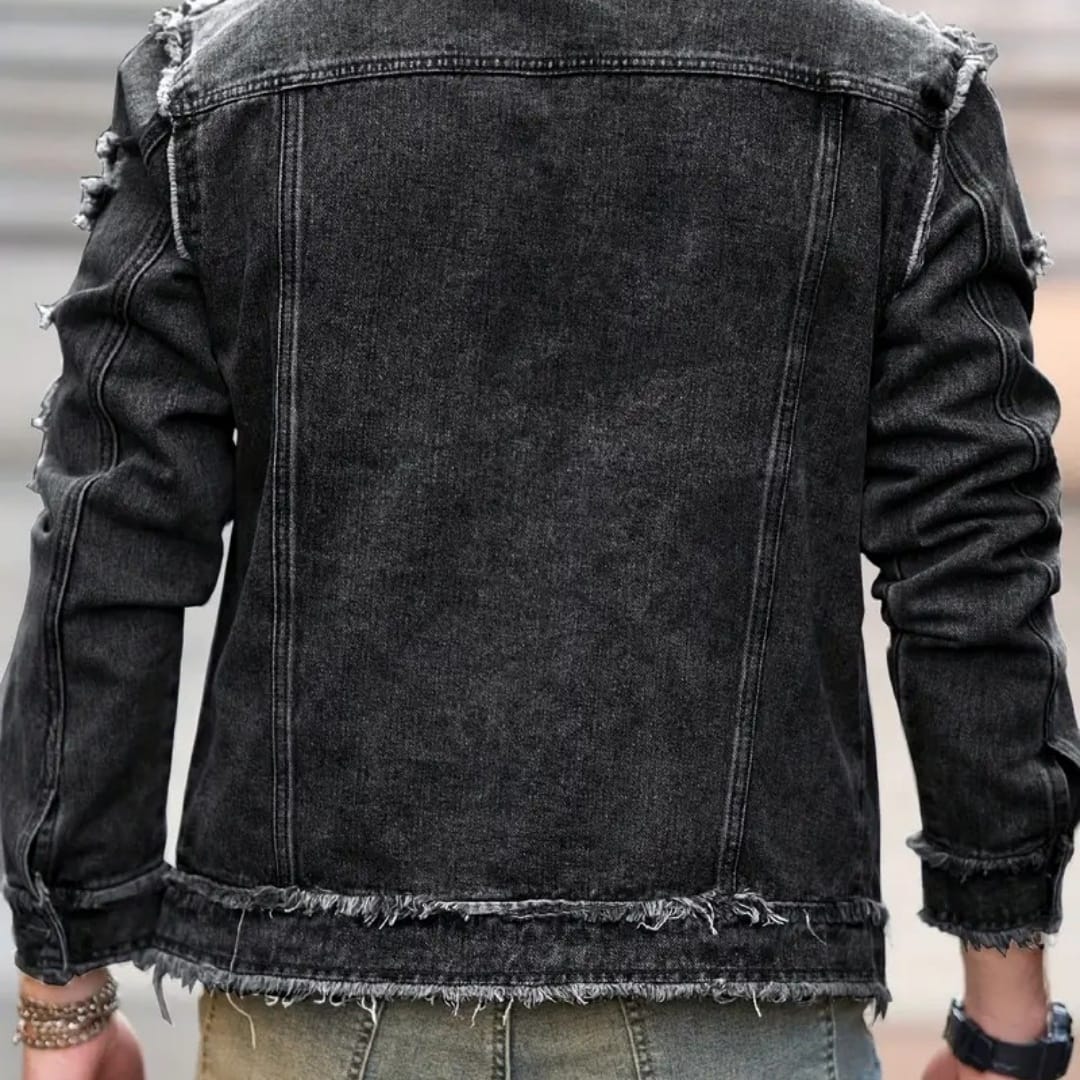 Back view of a formal denim jacket with distressed details and frayed hem, showcasing a stylish and modern design.