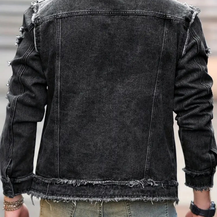 Back view of a formal denim jacket with distressed details and frayed hem, showcasing a stylish and modern design.