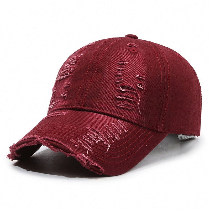vintage baseball cap for men in wine red color with distressed details and adjustable fit