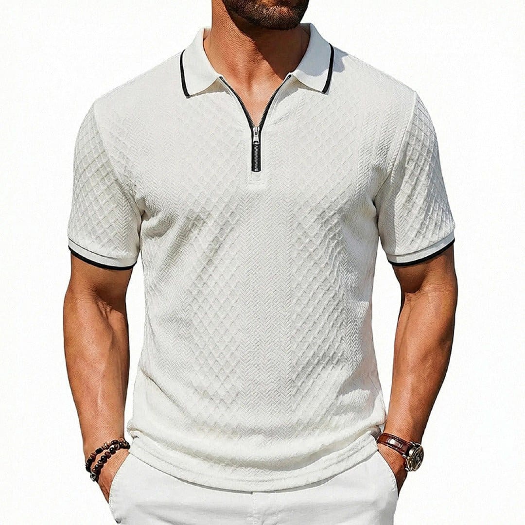Mens loose-fit short-sleeve polo shirt in textured weave with zipper in white color