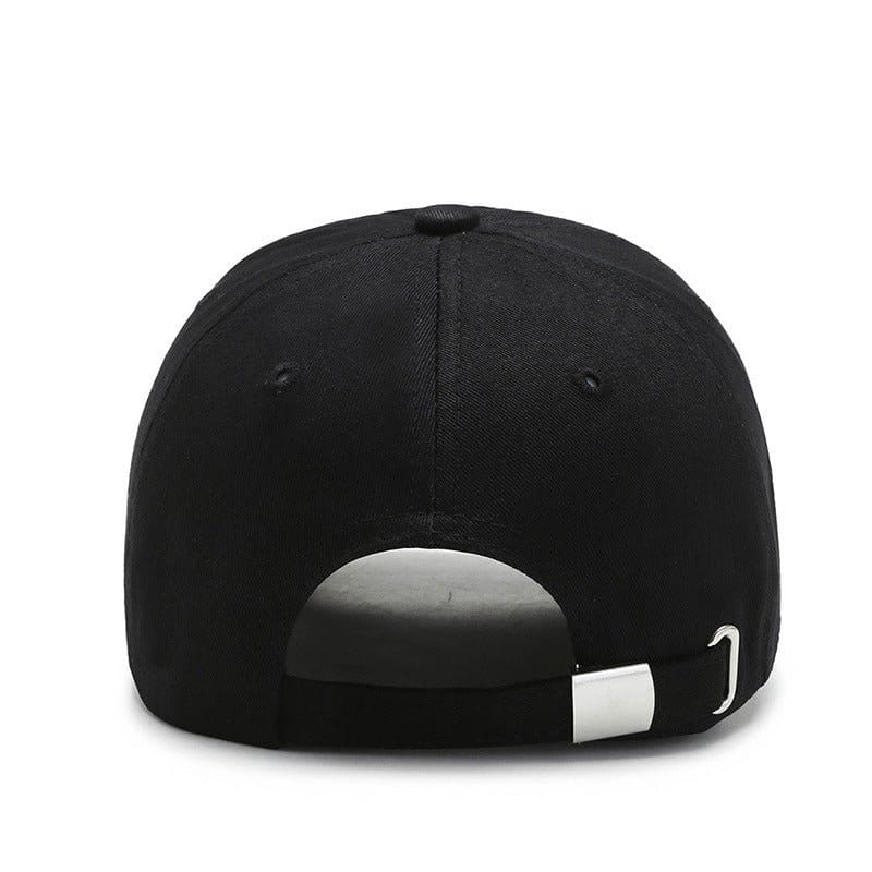 Back view of four seasons baseball cap, black cotton polyester design with adjustable strap.