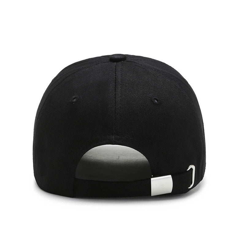 Back view of four seasons baseball cap, black cotton polyester design with adjustable strap.