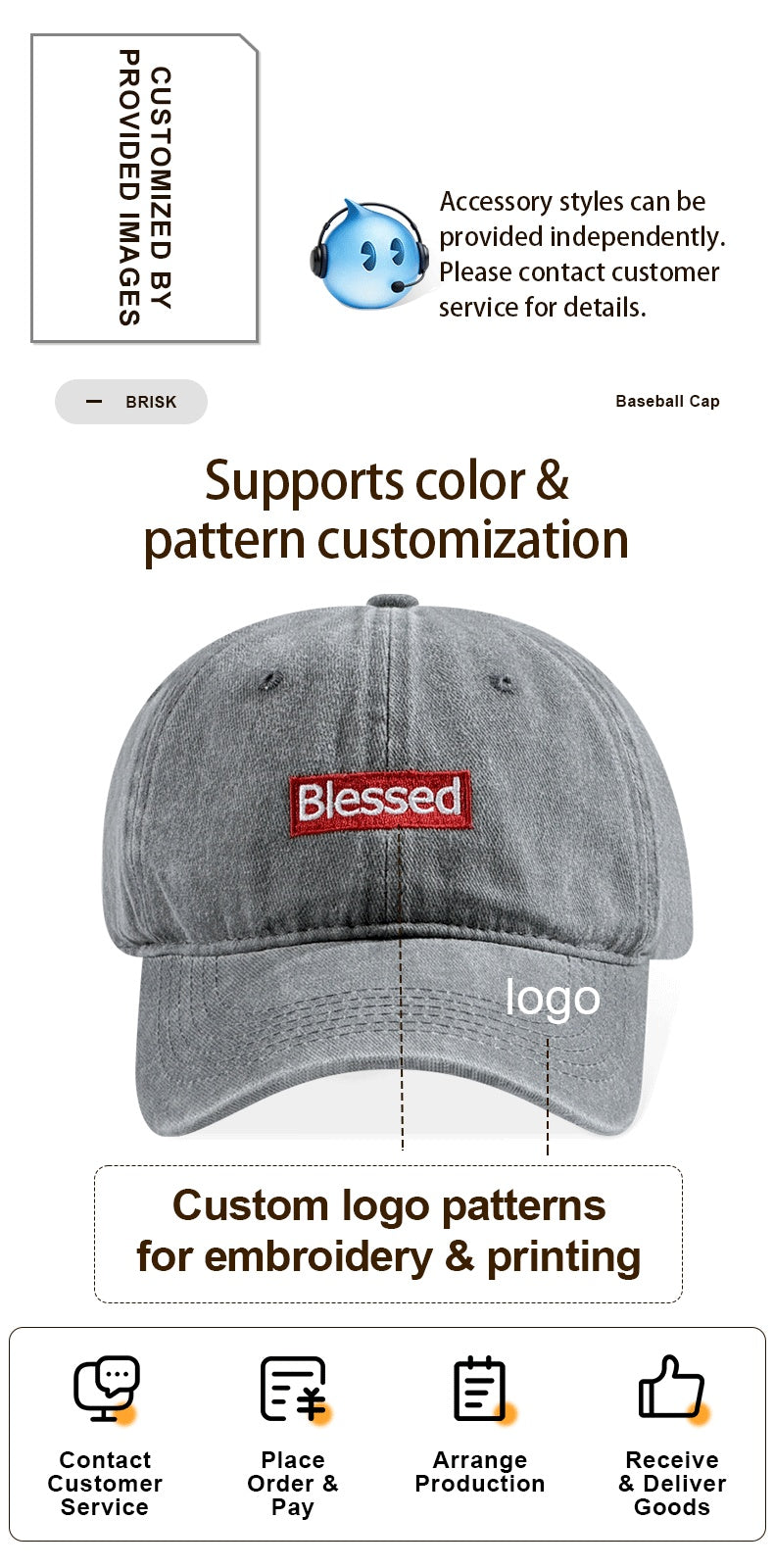Vintage Washed Blessed Embroidered Baseball Cap, adjustable unisex embroidered dad hat with custom logo patterns.