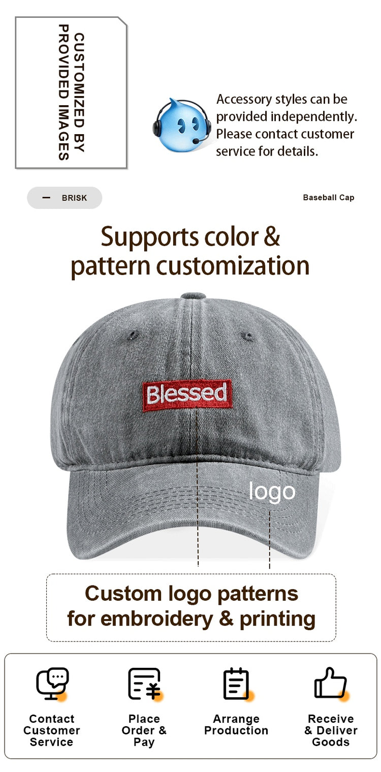 Vintage Washed Blessed Embroidered Baseball Cap, adjustable unisex embroidered dad hat with custom logo patterns.