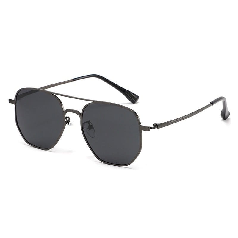 polarized fashion sunglasses in a polygon style with a black-gray lens and stainless steel frame