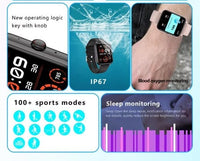 Smartwatch features Bluetooth, IP67 water resistance, blood oxygen monitoring, and over 100 sports modes for fitness tracker smartwatch for men and women.