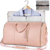 Large capacity travel duffle bag in pink with garment compartment, perfect for stylish and organized leisure travel.