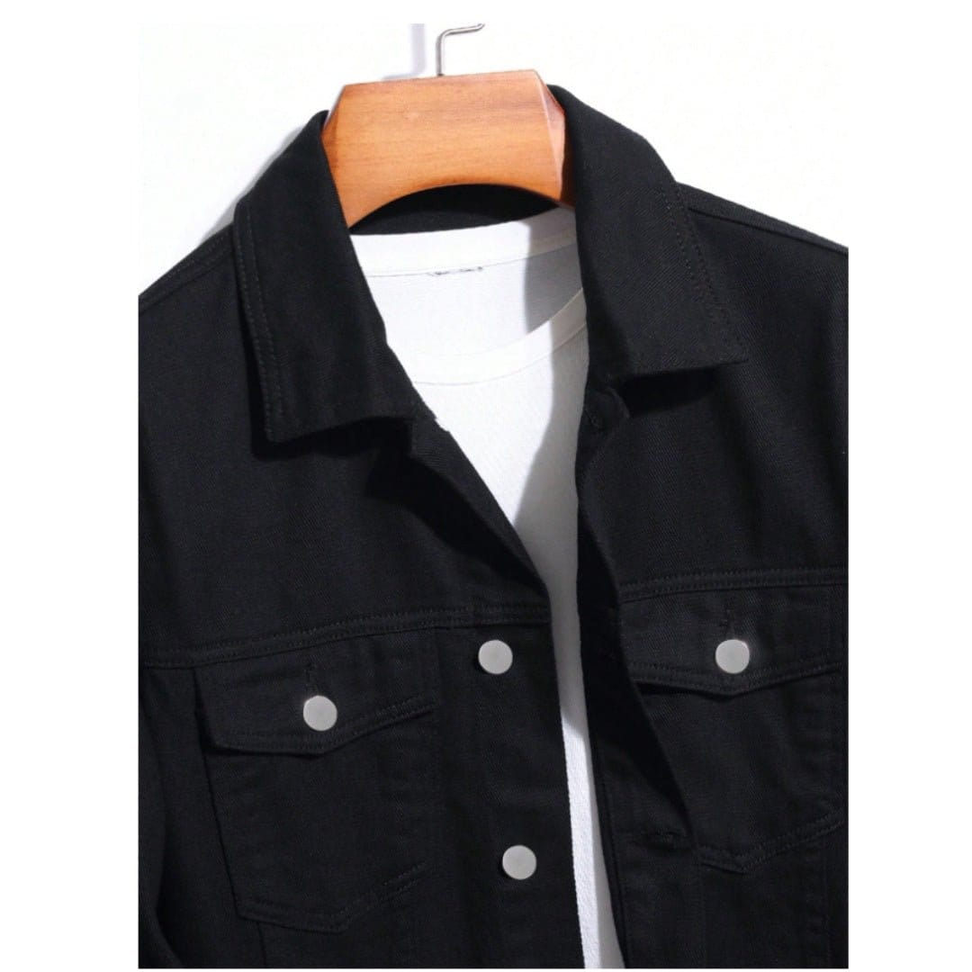 Korean loose-fitting denim jacket displayed on a wooden hanger, featuring black color and classic buttoned design.