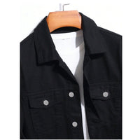 Korean loose-fitting denim jacket displayed on a wooden hanger, featuring black color and classic buttoned design.