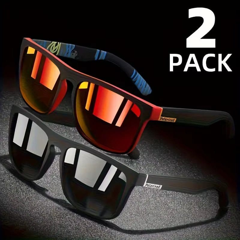 2Pcs polarized square sunglasses in sporty frames, ideal for summer activities and outdoor adventures.