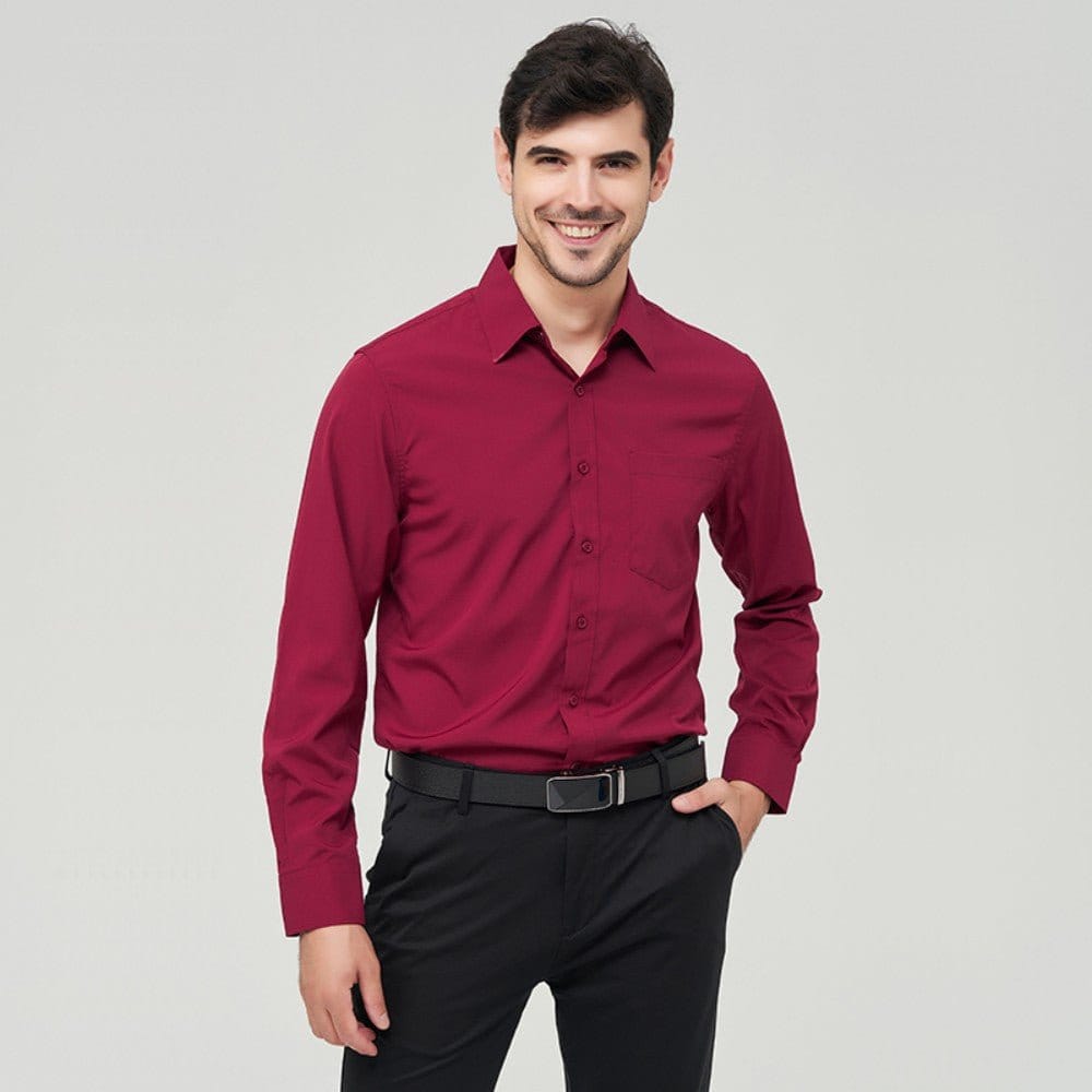 Man in a burgundy W7 business shirt polyester, showcasing its wrinkle resistance and high-quality fabric.