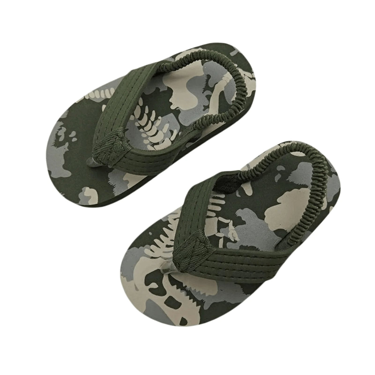 Stylish toddler beach flip flops in camouflage green for kids, perfect for beach and pool activities.