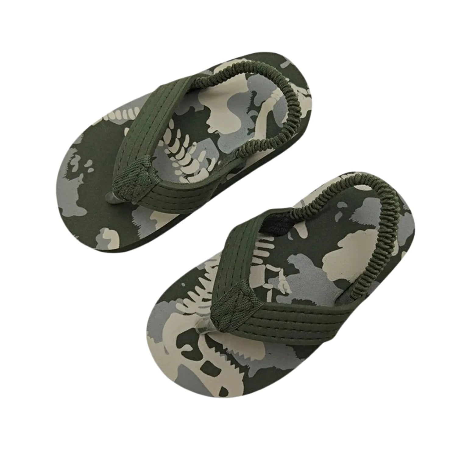 Stylish toddler beach flip flops in camouflage green for kids, perfect for beach and pool activities.