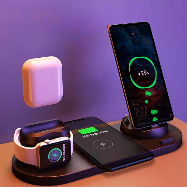 6 in 1 wireless charging dock for iPhone with phone, watch, and AirPods on charging pad.