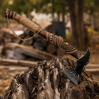 Raven Feather Viking Axe – Hand-Forged 1075 Steel Bearded Axe, Carved Rope-Wrapped Handle
