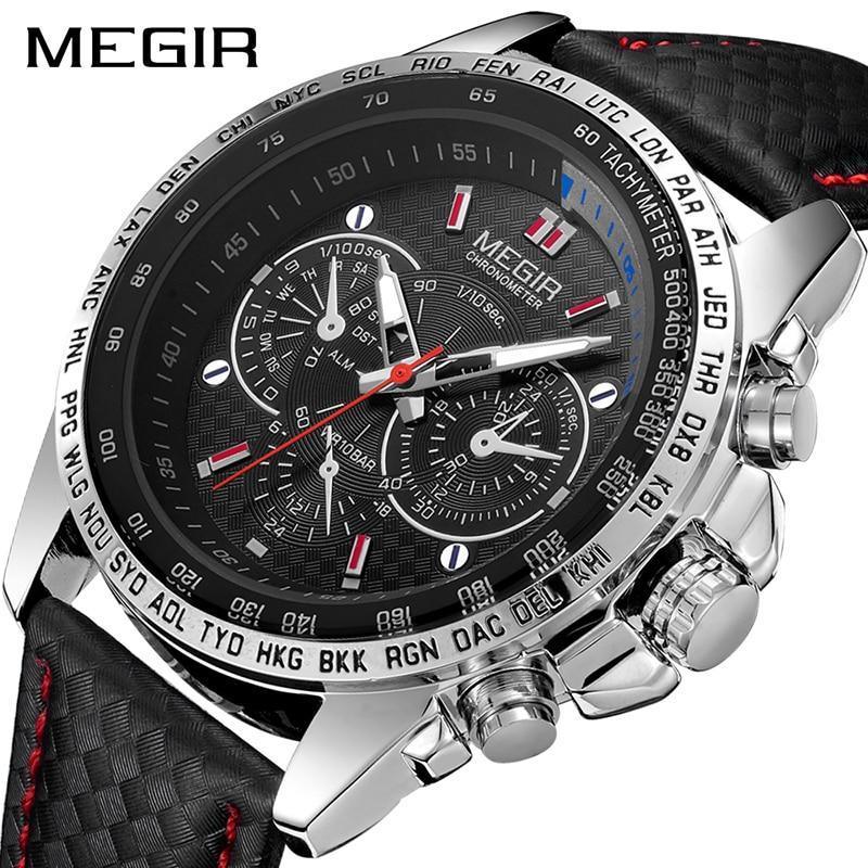 Men's chronograph-style quartz watch with leather strap