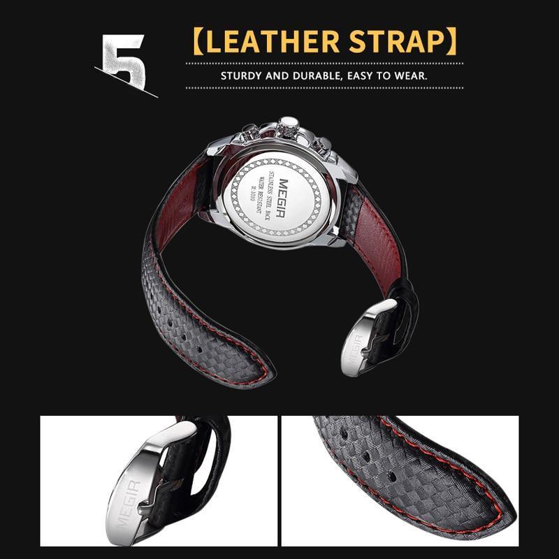 Men's Chronograph-Style Quartz Watch – Luminous Hands, Leather Strap