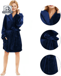 women's fleece hooded robe in navy blue, featuring a tie belt and soft plush material.