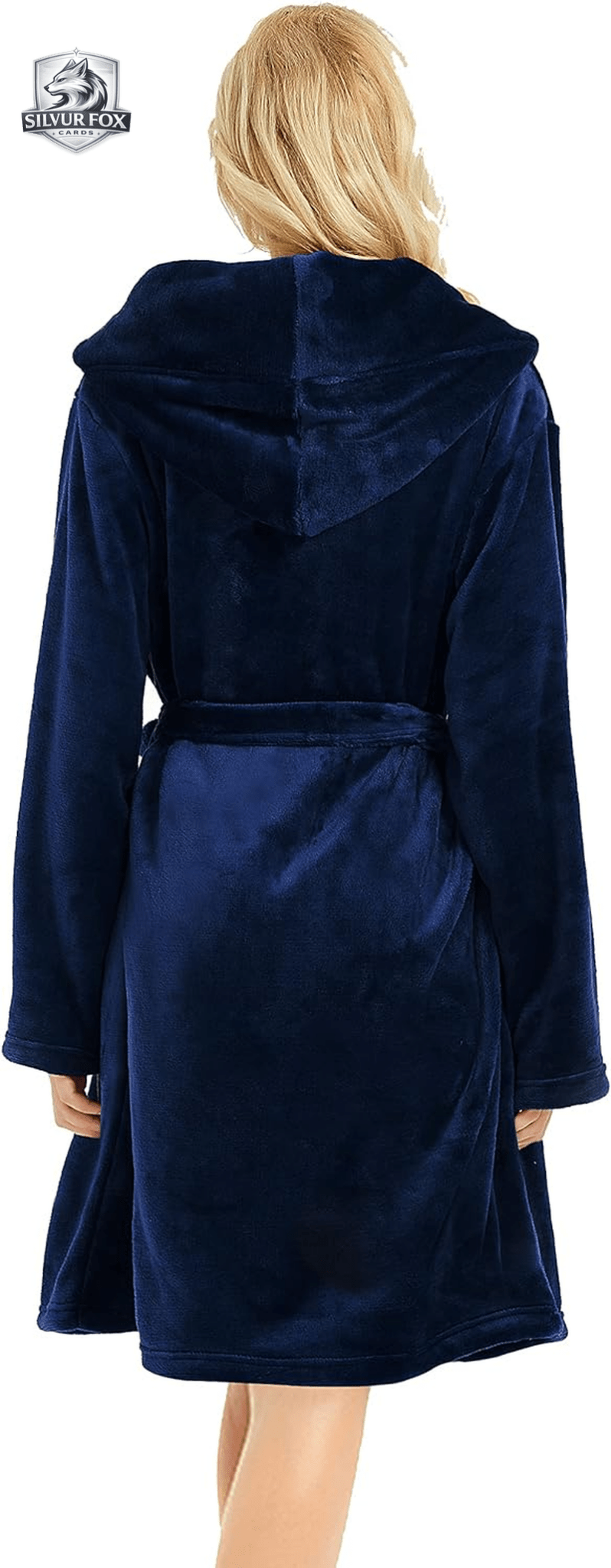 Back view of a woman wearing a women's fleece hooded robe, showcasing its plush fabric and cozy design.