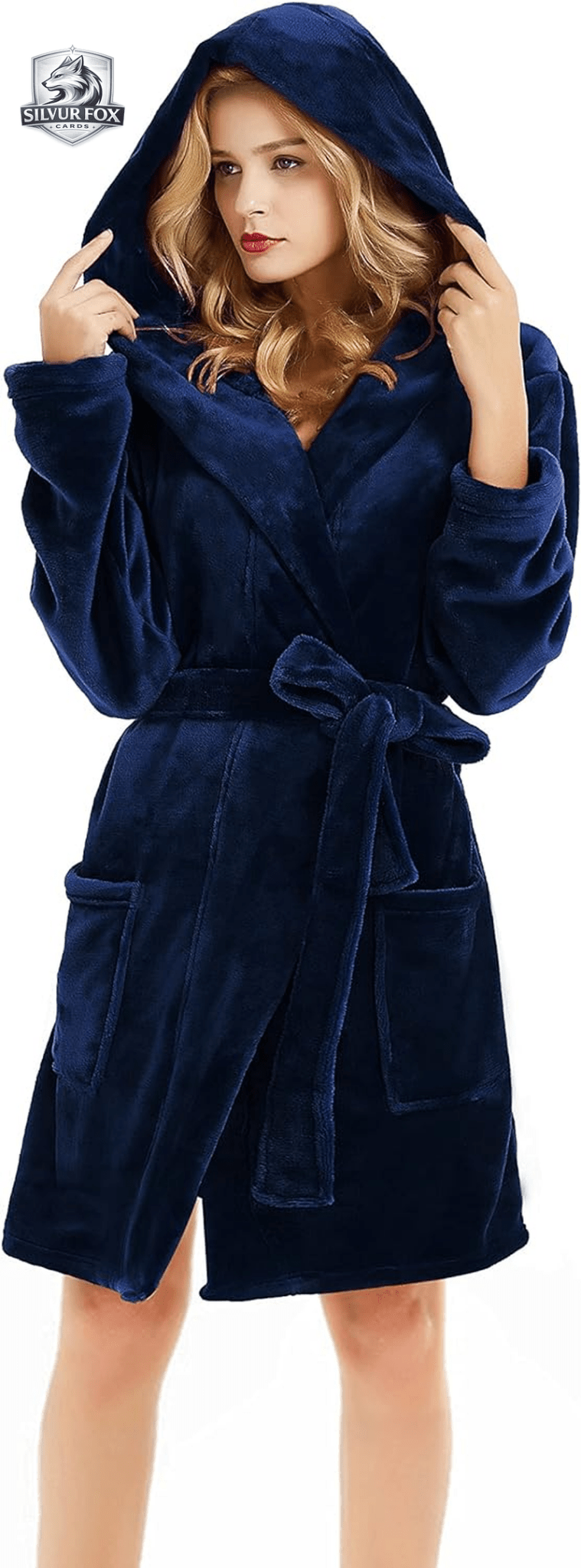 women's fleece hooded robe in navy blue, soft plush fabric, perfect for cozy spa days